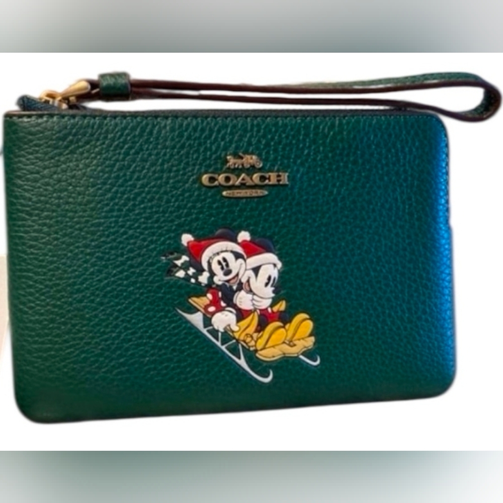 Coach Disney X Corner Zip Wristlet With Sled Motif Christmas Mickey Minnie